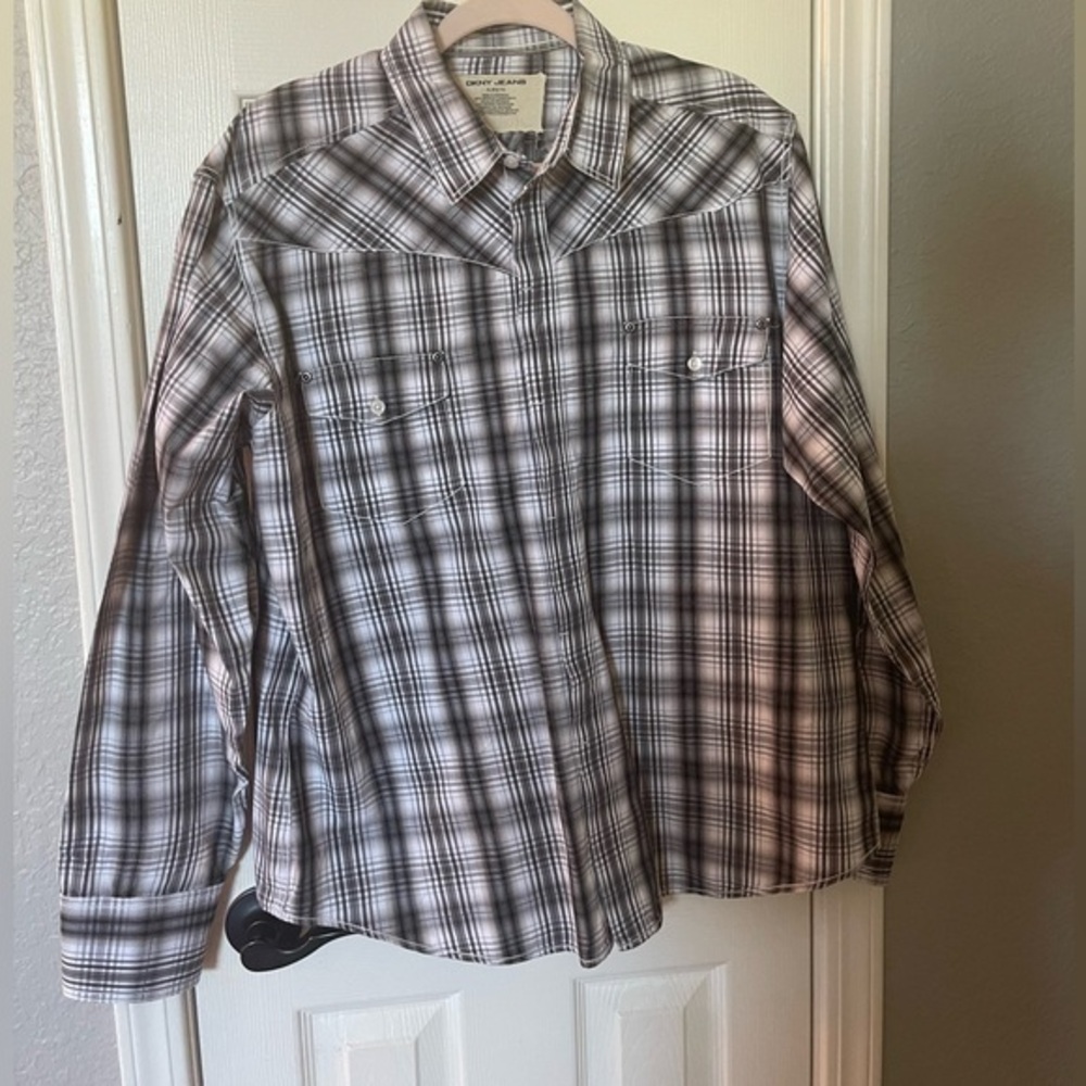 DKNY Black White & Gray Plaid Button Down Shirt Size XL